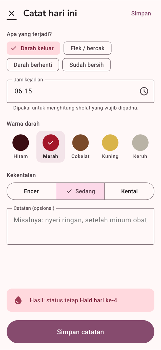 Layar Catat Bulanku: memilih kejadian, warna, dan kekentalan darah