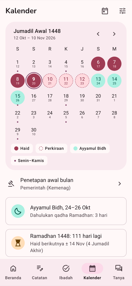 Layar Kalender Bulanku: kalender Hijriah dengan hari haid, perkiraan haid, dan Ayyamul Bidh